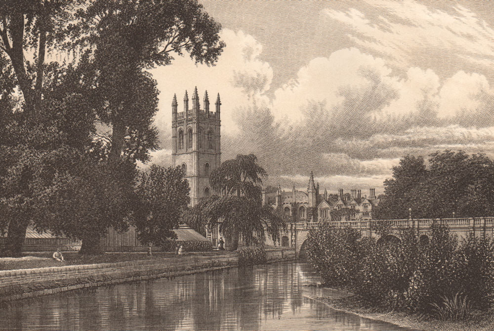 MAGDALEN COLLEGE, OXFORD 1893 old antique vintage print picture